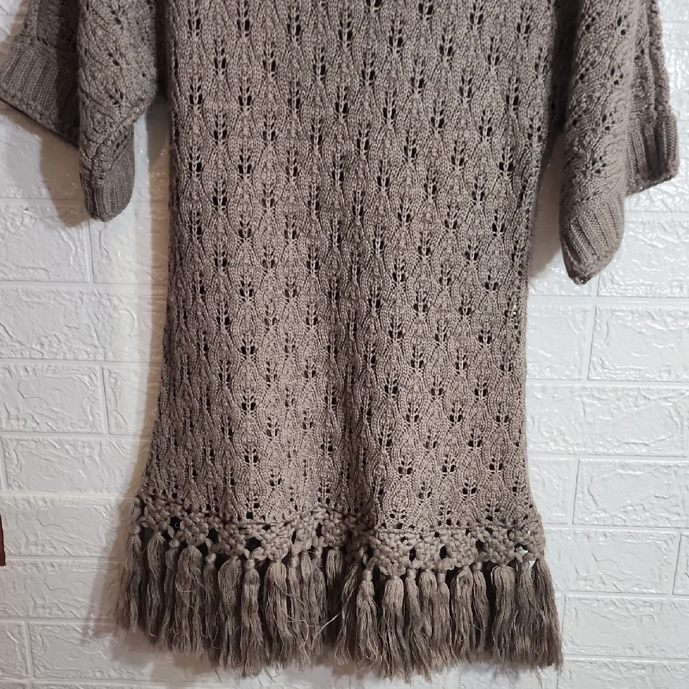 Kenar Taupe Cowl Neck Sweater with Fringe - Picture 7 of 7